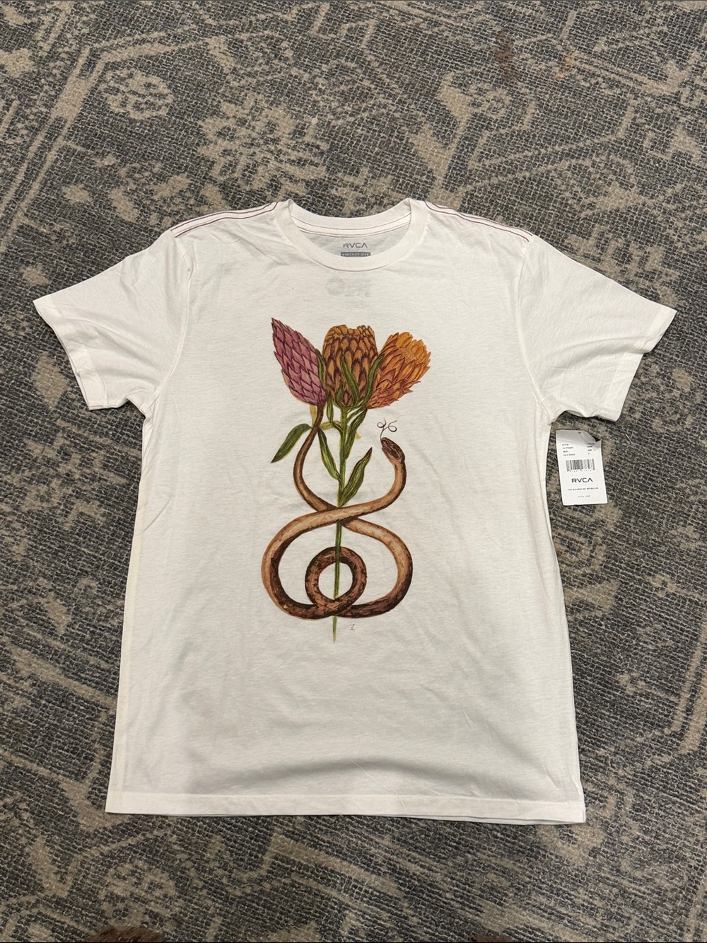 RVCA White Tee with Brown Snake and Pink-Orange Floral Graphic